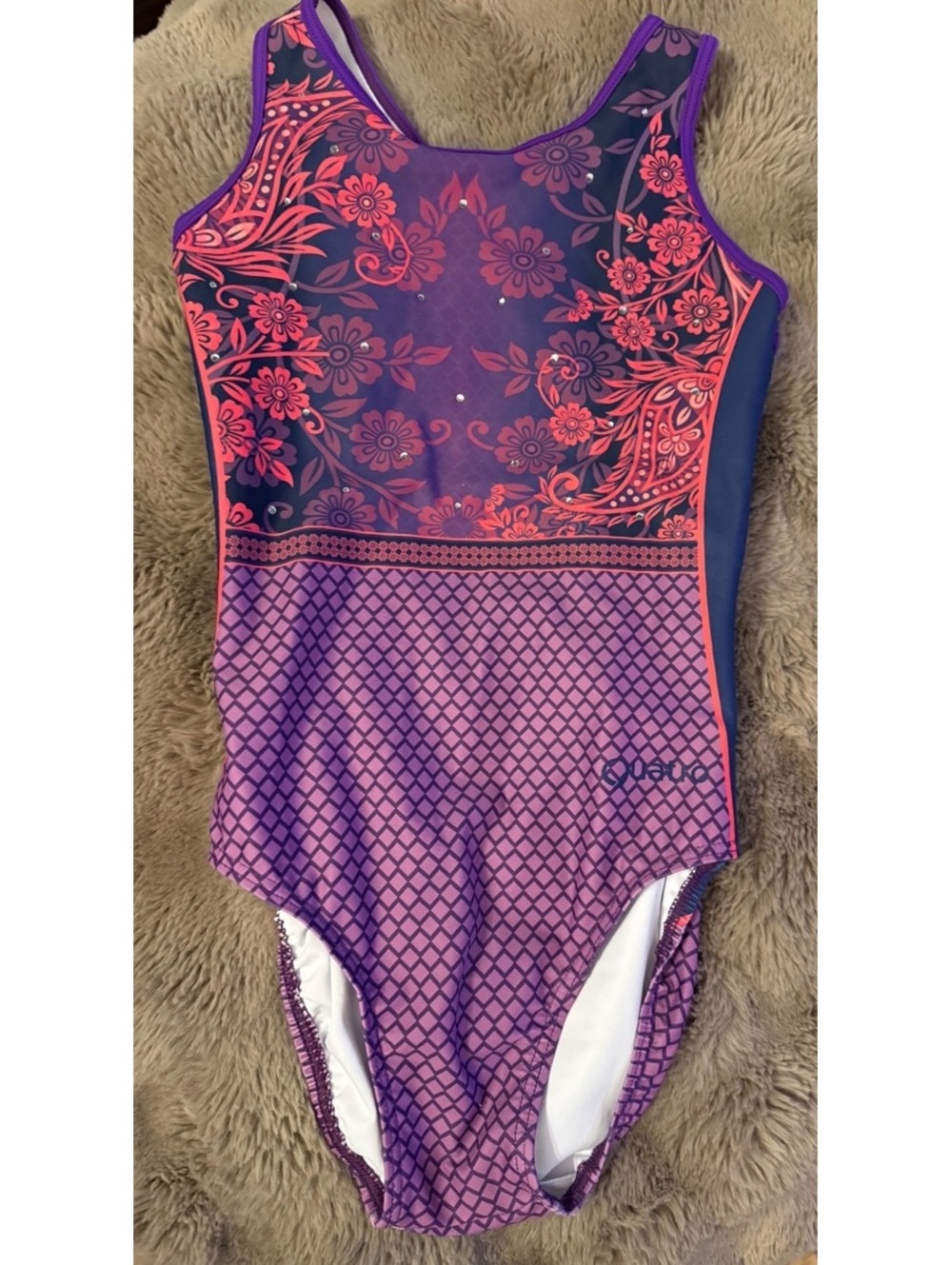 Quatro Gymnastics Leotard AXS Purple Pink Floral Rhinestone Strappy Back